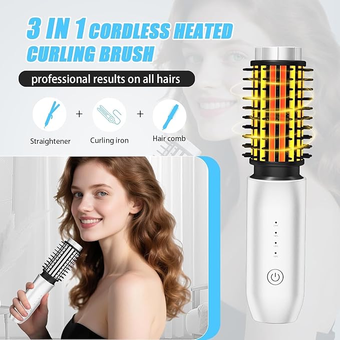 Cordless Curling Iron Brush,1.5-inch Mini Travel Curling Iron,3-in-1 Portable Heated Round Straightening Brush,Rechargeable Curlings Irons,for Curls,Straightening,De-frizzing and Styling,White