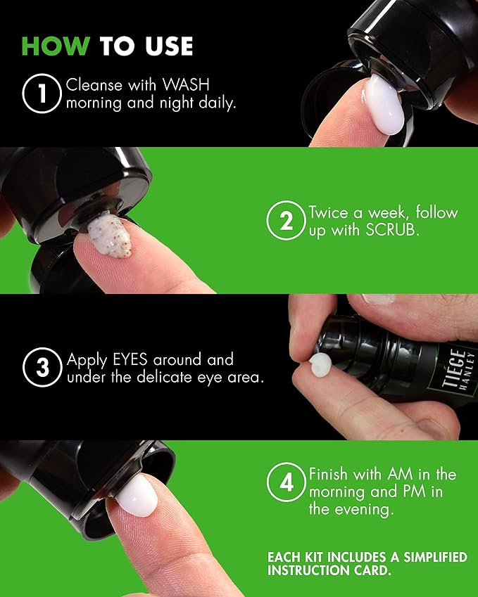 Tiege Hanley Skin Care Set for Men, Advanced Routine, System Level 2, Daily Face Wash, Facial Scrub, Two Moisturizers, and Eye Cream for Healthy, Hydrated Skin, Men’s Skin Care, 5 Piece Kit