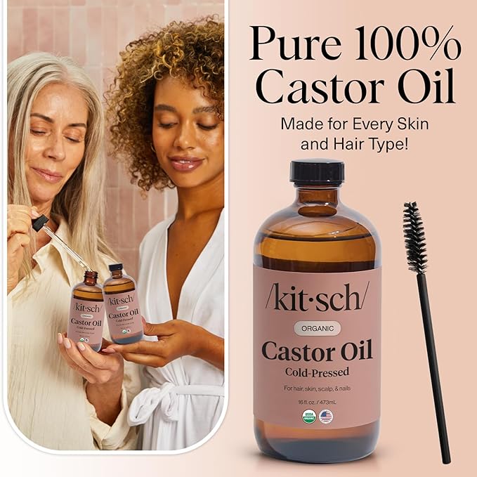 Kitsch Organic Castor Oil for Hair Growth - 100% Pure Castor Oil, Organic Cold Pressed Unrefined Glass Bottle for Face, Skin, Lashes, Brows, Scalp, Nails & Belly Button | Ideal Gifts for Women- 16 oz
