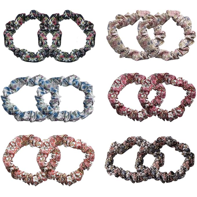 12Pcs Thin Floral Hair Ties, Soft Hair Scrunchies Elastic Hair Bands Floral Solid Ropes Ponytail Holder Stocking Stuffers for Women Girls