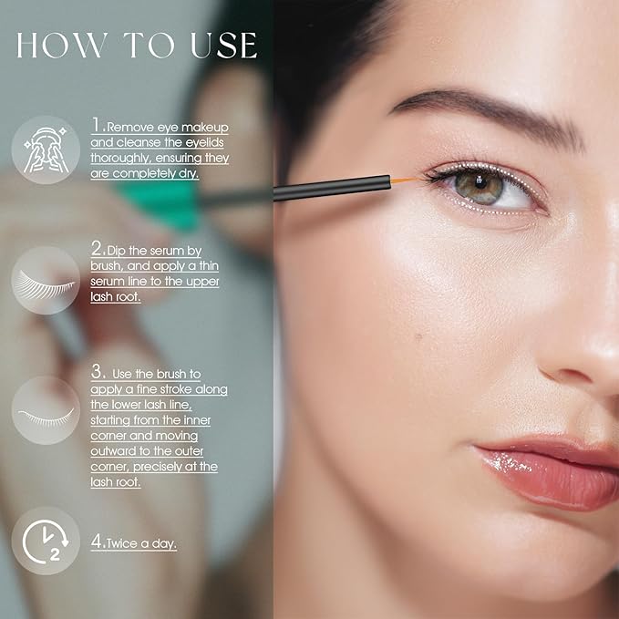 Eyelash Growth Serum: Enhances length, density & strength, conditions lashes. Vegan, cruelty-free, gentle for sensitive eyes. 3mL (2-month supply)