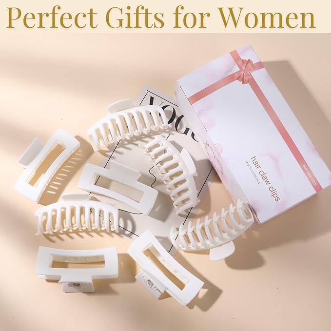 White Hair Clips for Women - 8 Pack 4.3 Inch Large Matte Banana Claw Clips for Women Thin Thick Curly Hair, Big Strong Hold jaw