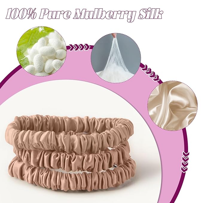 4Pcs 100% Silk Scrunchies Hair Care, Mulberry Silk Skinny Hair Ties Elastic, 22 Momme Mulberry Hair Ties Scrunchies Set Women Curly Thin Hair Champagne