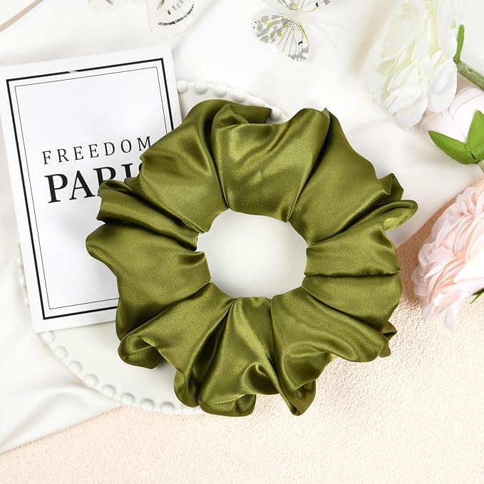 CEELGON Olive Green Big Satin Scrunchie6.5 Inches Jumbo Scrunchies Silky Hair Ties Oversized Ponytail Holderfor Thick Curly Hair Extra Large Hair Accessories for Women (Olive Green)