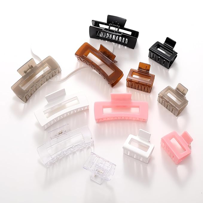 12 Pack Square Claw Clips, Big and Small Neutral Rectangle Hair Claw Clips, Non-slip Matte Large Hair Clips for Women,Strong Hold jaw clip for Thick Thin Hair (clear Jelly colour)