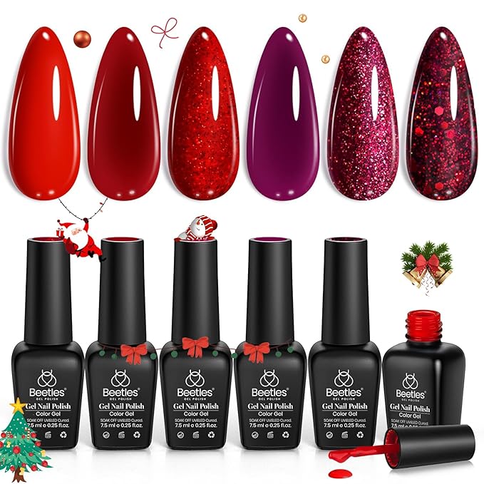 Beetles Red Gel Nail Polish Set Winter Gel Polish 6 Colors Burgundy Red Glitter Purple Soak Off UV LED Art Design Decoration DIY Nail Gifts for Women Poinsettia
