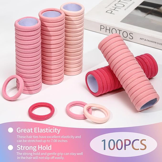 Bessrung 100PCS Elastic Hair Ties No Damage, Seamless Nylon Hair Bands for Women Girls, Soft Stretchy Ponytail Holder No Crease Hair Ties for Thick Thin Hair Christmas Gift(Dark Pink, Light Pink)