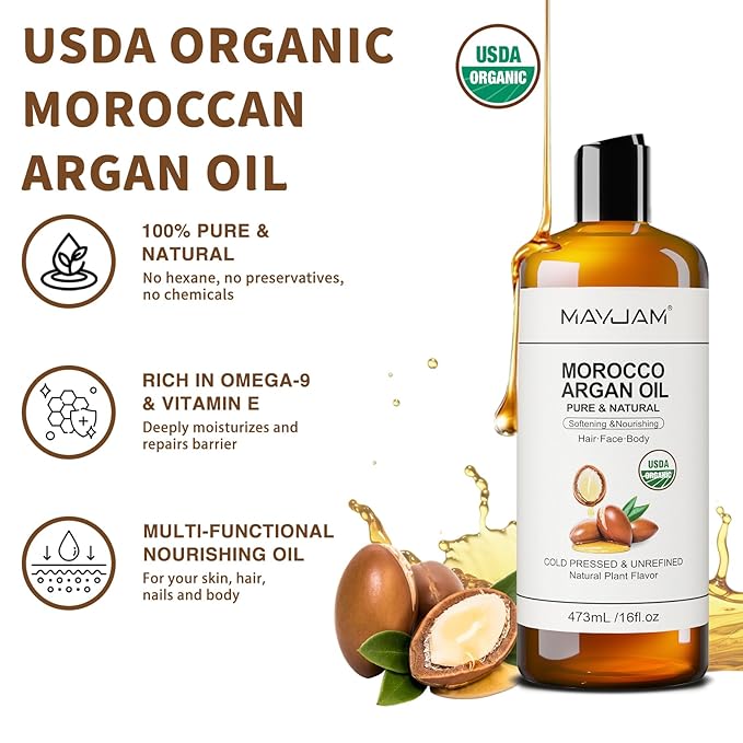 MAYJAM Organic Moroccan Argan Oil 16 Fl Oz, USDA Certified 100% Pure & Natural Carrier Oil For Dry, Damaged Skin, Hair, Face, Body & Scalp Moisturing, Massage Oils for Essential Oils Mixing (473ml)
