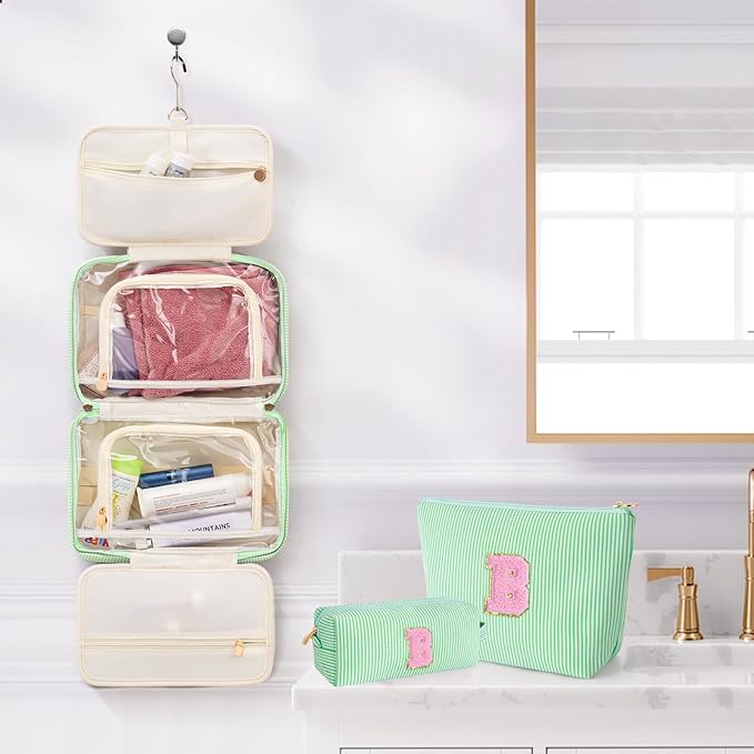 3 Travel Toiletry Makeup Bags for Women - Cute Makeup Bag Organizer Make Up Bag Travel Essentials Personalized Gifts Friend Gifts for Teenager Bridesmaids - Green B