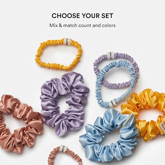 Clementine Sleepwear Organic Silk Scrunchie Set Flower Shop | 4 Skinny and 4 Midi Scrunchies Made with GOTS Certified Silk for Gentle, Frizz-Free Styling