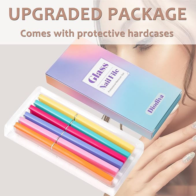 6 Pcs Glass Nail File With Case, Crystal Nail Files for Natural Nails Fingernail Files Set, Double Sided Etched Nail Filer Professional Ceramic Glass File for Travel Gifts Package Fine Grit