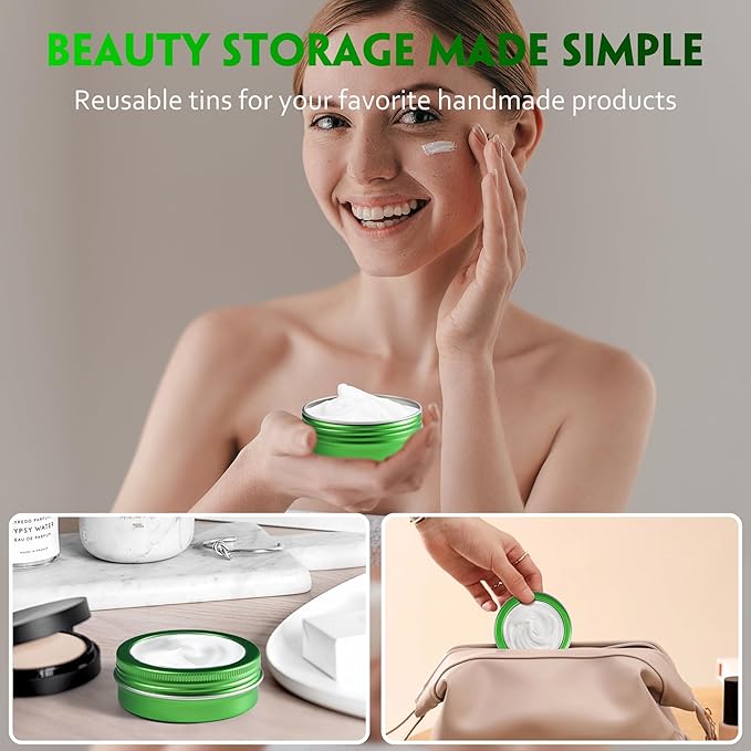 24 Pack 2 Ounce Screw Top Aluminum Tin Jar with Screw Clear Lid and Blank Labels, Refillable 60ml Metal Containers for Lip Balms, Candles, Salves, Spices, Crafts (Green)