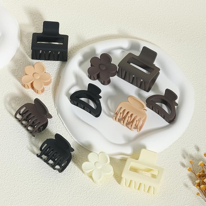 16Pcs Medium Claw Hair Clips for Women Girls,Matte Rectangle Double Row Teeth Flower Semicircle Small Claw Clips for Thin/Medium Thick Hair, Jaw Clips Nonslip Clips (Beige,Khaki,Brown,Black)