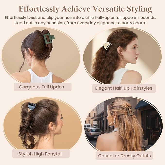 8 PCS Medium Hair Clips for Women Girls - 2 Styles Rectangle and Double Row Teeth Small Claw Clips for Thin/Medium Thick Fine Hair, Matte Non-slip Strong Hold Jaw Clips, Chic Colors