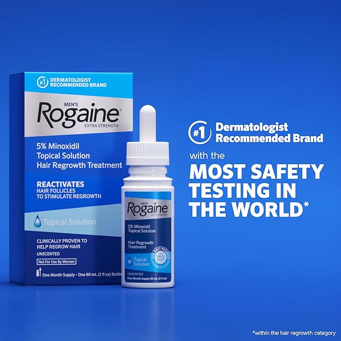 Men's Rogaine Extra Strength 5% Minoxidil Topical Solution for Hair Loss & Regrowth, Topical Treatment for Men, Unscented Minoxidil Follicle Booster Liquid, 1-Month Supply, 2 fl. oz