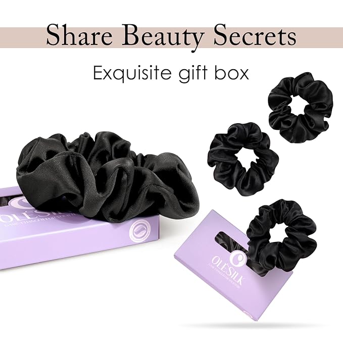 OLESILK 100% Mulberry Silk-Scrunchies for Hair Sleep, Women Grils Silk Hair Ties for Frizz & Breakage Curly Hair, No Damage, Elastics Ponytail Holder, 3 Pack