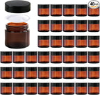 2oz Jars with Lids, HOA Kinh 40 Pack Amber Glass Jars with Lids Empty Cosmetic Containers Round Airtight Glass Jar with Black Lid for Storing Lotions Powders Ointments