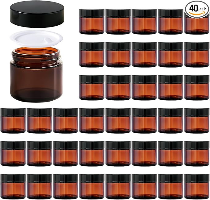 2oz Jars with Lids, HOA Kinh 40 Pack Amber Glass Jars with Lids Empty Cosmetic Containers Round Airtight Glass Jar with Black Lid for Storing Lotions Powders Ointments