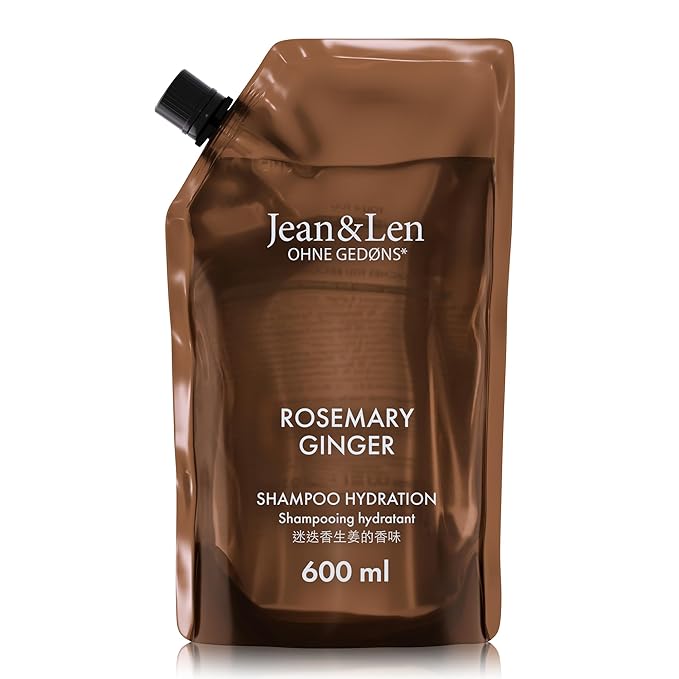Jean & Len Shampoo Moisturizing Rosemary & Ginger, refill bag, for dry & brittle hair, cleanses & nourishes noticeably, spicy-fresh scent, without silicones and parabens, refill pack 20.29 Fl. Oz.