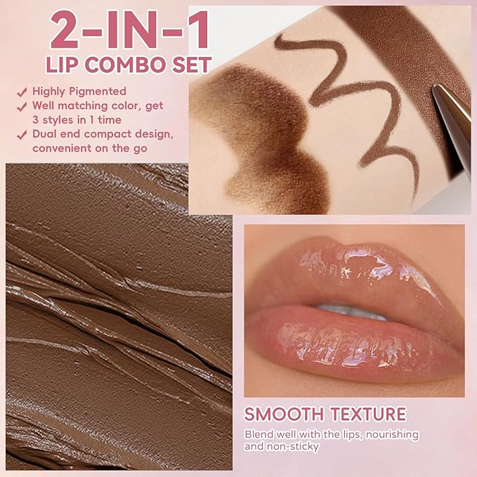 Lip Liner Gloss Lip Combo Set, 2 in 1 Lip Duo Plum Lip Liner Lipstick Glossy Nourishing Berry Dew Shine Gloss Lip Kit, Smooth Quick Fuller Plumping Juicy Lip Makeup for Women08#Plum