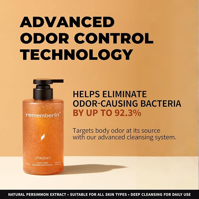 Persimmon Body Wash for Odor Control – Korean Persimmon Extract, Natural Deodorizing Cleanser, Sulfate-Free & Gentle, pH Balanced for Sensitive Skin, 24-Hour Freshness (17.63 oz / 500g)