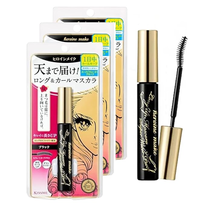 HEROINE MAKE by KISSME Smudge Proof Mascara Black, Volume and Length by Defining Fiber for Long and Curl Eye Makeup for Women, Tubing Mascara Made in Japan, Black, 3 EA
