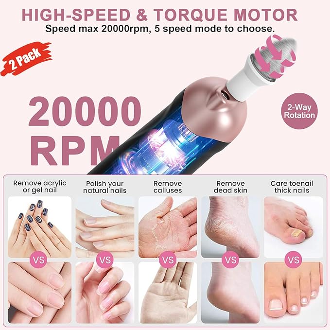 2 Pack All-in-One 9-in-1 Cordless Nail Drill Kit: 100 Bits, 5 Speeds for Perfect Nails at Home & Salon,Black