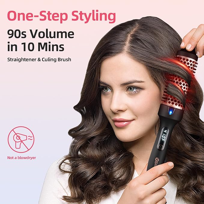 Infrared Thermal Brush, 1.5 Inch Heated Round Brush for Women, Dual Voltage Negative Ion Hot Brushes Styler for Blowout Look, Curling & Volumizing & Straightener for Dry Hair