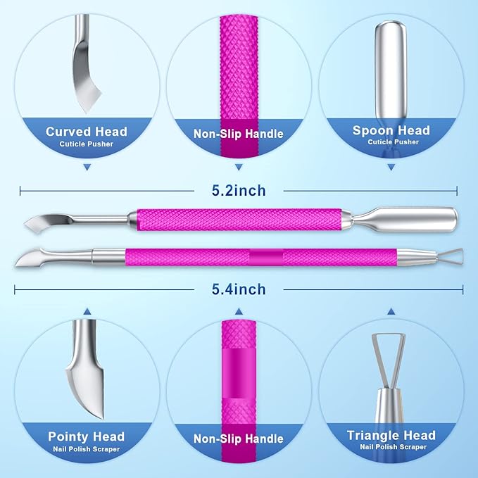2PCS Metal Rose Pink Cuticle Pusher and Cutter Remover Salon Quality Stainless Steel Gel Nail Polish Peeler Scraper Durable Manicure and Pedicure Cleaner Tool For Fingernail and Toenail