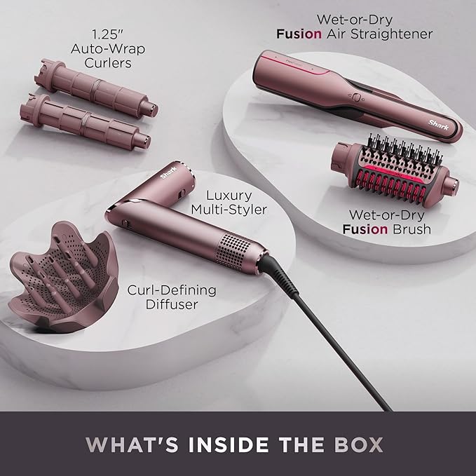 Shark FlexFusion Hair Straightener & Powerful Dryer with Diffuser, Fusion Hair Brush, Ceramic Air Styler with Auto-Wrap Curlers, Ceramic Plates, Cosmic Blush HD642S
