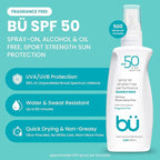 BU SPF 50 Sunscreen Spray for Face and Body, Fragrance Free, Clear Non Aeorsol, Non Greasy and Water Resistant (2-pack)