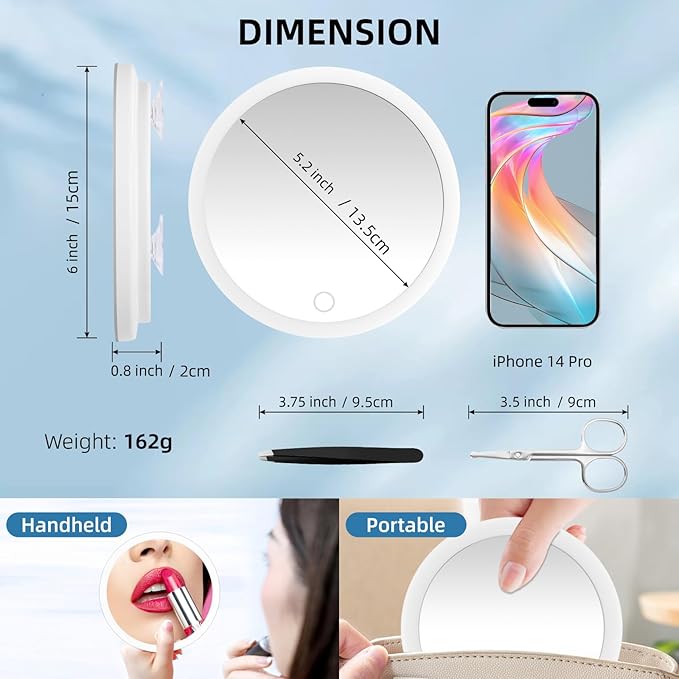 20x Lighted Magnifying Mirror with Suction Cups, Large 6'' Magnified Mirror with Light High Magnification Travel Makeup Mirror, Rechargeable Battery, 3 Colors Dimming Light, with Tweezers &Scissors