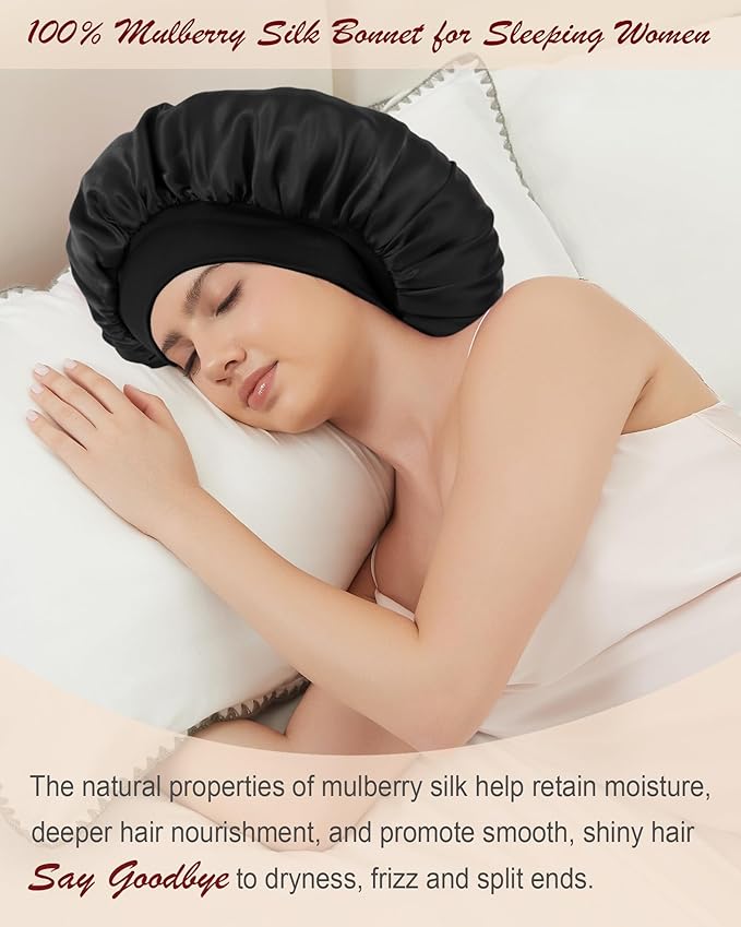 100% Mulberry Silk Bonnet for Sleeping Women, Real Pure Silk Bonnets, Double Layer Sleep Cap with Elastic Band for Curly Hair