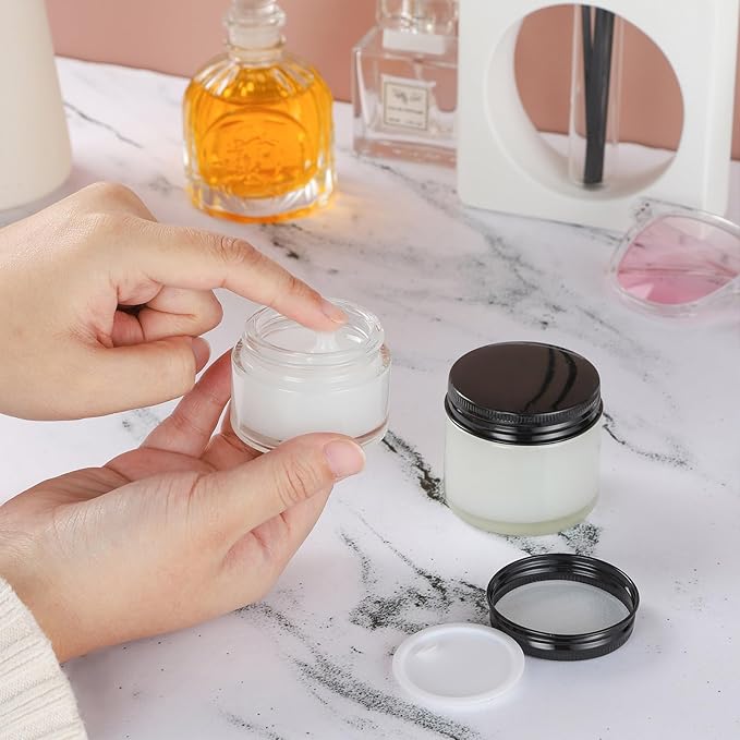 24 Pack 1oz Clear Glass Jars Small Glass Containers with Black Metal Lids Empty Cosmetic Jars with Inner Liners and Lids Clear Glass Lotion Jars with Labels for Traveling