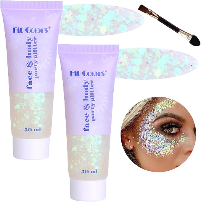 Body Glitter Face Glitter Gel: Singer Concerts Disco Festival Rave Accessories Face Glitter Makeup 100ml Chunky Sequins Mermaid Face Body Hair Glitter Gel (2 White)