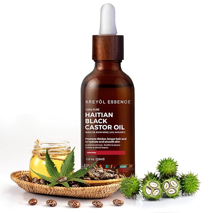 Kreyol Essence - Haitian Black Castor Oil for Skin and Hair, Glass Bottle - Cold Pressed Castor Oil, Fuller-Looking Hair, Hexane Free, Natural Humectant | 2 fl oz | Rosemary Peppermint