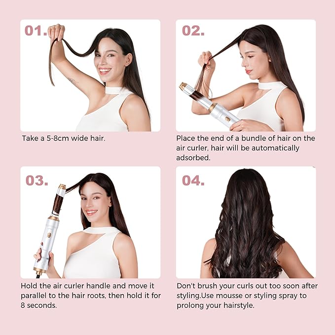 6 in 1 Air Styler Magic Hair Dryer Brush, Negative Ionic Blow Dryer Brush & 3 Heat Settings, Detachable Auto Curling & Straightening Volumizing, Frizz-Free Styling, Salon to Home Use (A-White-Pink)