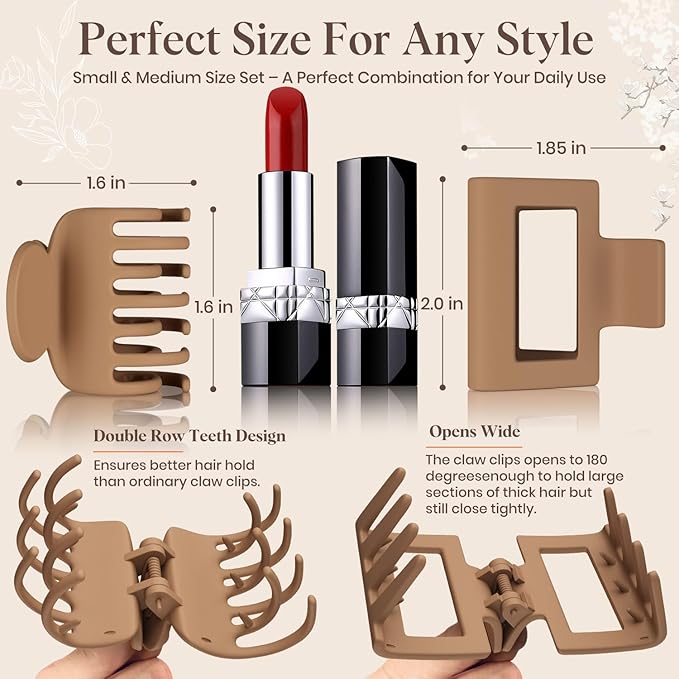 8 Pcs Medium Hair Clips for Women Girls - 2 Styles Rectangle and Double Row Teeth Small Claw Clips for Thin Fine Thick Hair, Matte Non-slip Strong Hold Jaw Clips Hair Accessories, Brown