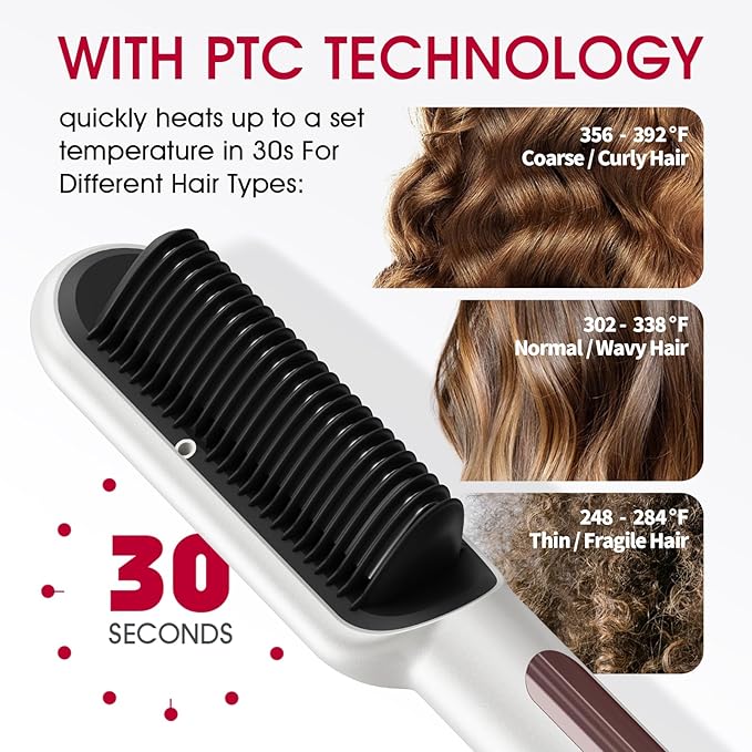 Hair Straightener Brush with Nano Titanium - 30s Fast Heat Ionic Straightening Comb, 9 Temp LED Display & Anti-Scald, Professional Styling Gift for Women