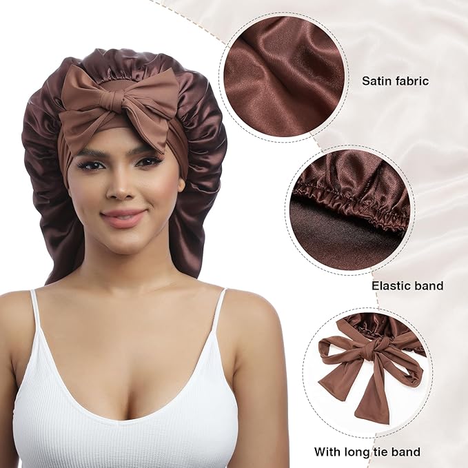 AWAYTR Long Satin Bonnet for Braids - Elastic Silk Hair Bonnets for Sleeping Night Cap Stretchy Tie Band for Women（Brown）