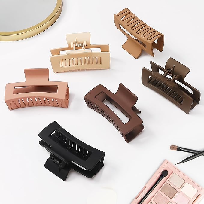 Hair Clip, 3.5 Inch Medium Square Claw Clips Rectangle Clips 6 Pack Rubber Paint Acrylic Plastic Metal, Non-Slip Design for Women Girls - Coffee