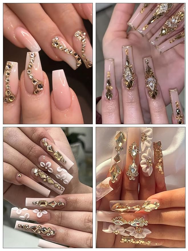 1620Pcs Crystal Nail Rhinestones Nail Art, Wsimily Champagne Gold Nail Rhinestones Round Beads Flatback Glass Gems Stones Multi Shapes Nail Crystals with Picker Pencil and Tweezer Nail Decoration