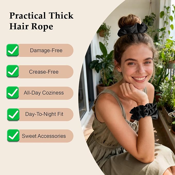 Velvet Scrunchies for Women – 8PCS Black Large Hair Ties – No Crease, Frizz-Free, Soft & Gentle Elastic Hair Bands for Fine, Short, or Everyday Hair, Stylish Hair Accessories Gifts