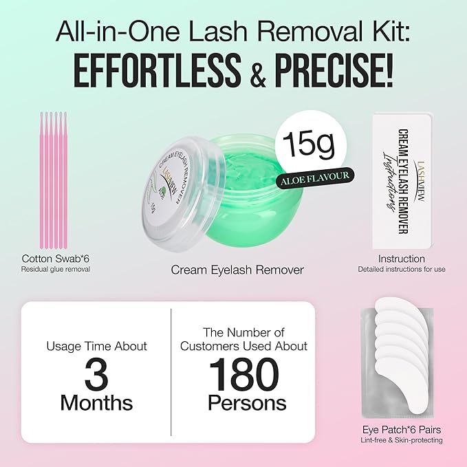 LASHVIEW Eyelash Extension Remover Cream Gentle Aloe Vera Formula, Lash Removal Kit with Eye Patches & Cotton Swabs(15g)