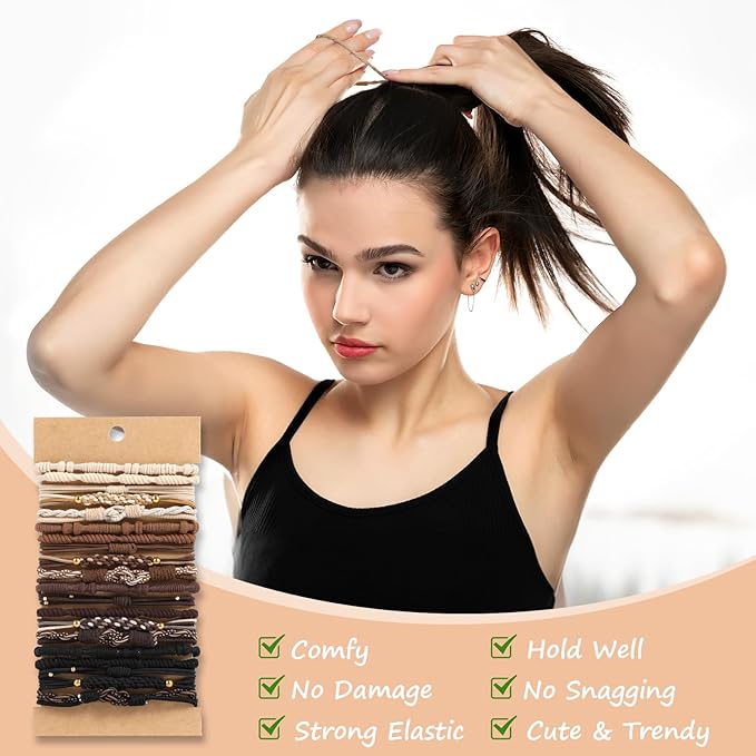 20 PCS Hair Tie Bracelets, 4 Styles Cute Elastic Bands for Thick or Thin Hair, Updated No Damage Beaded Boho Accessories for Girls and Women