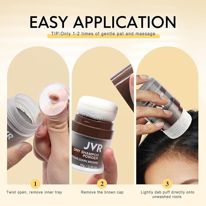 JVR Dry Shampoo Powder Absorbs Oil in Hair, Volumizing, Dry Shampoo for Women & Men, Freshens Hair, Mattifying Root Boost with Tea Extract, Non-Aerosol for Oily Hair Travel Size 0.35 oz (Dark Brown)