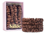 SILKIE x4 Set 100% Pure Mulberry Silk Brown Skinny Scrunchies Travel Pouch Everyday Hair Ties Elastics Hair Care Ponytail Holder No Damage (Praline)