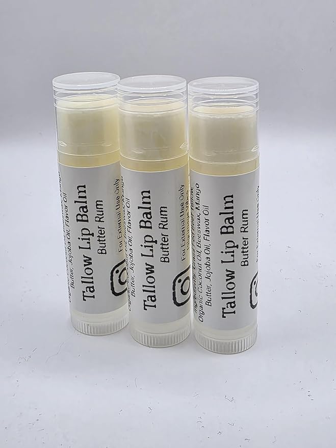 Tallow Lip Balm (3 Pack) (Butter Rum) Handmade Natural Grass Fed Beef Tallow Lip Balm with Nourishing Oils