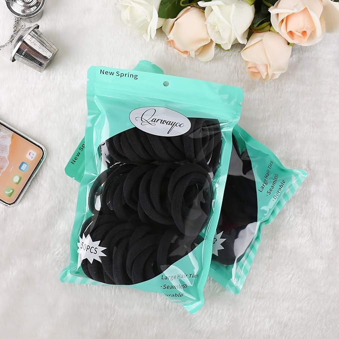 50PCS Black Hair Ties for Women, Cotton Seamless Hair Bands, Elastic Ponytail Holders, No Damage for Thick Hair, 2 Inch in Diameter, by Qarwayoc