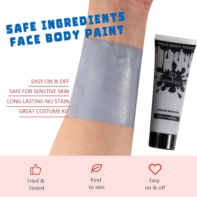 Bowitzki Face and Body Paint 2oz Cream Makeup 60ml Water Based Face Painting Special Effects For Adults Halloween Christmas Party Stage Cosplay (Grey)